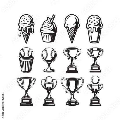 A collection of ice cream cones, cupcakes, baseballs, and trophies