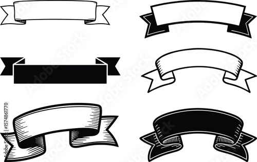 Vector art of a collection of six handdrawn vintage banners and ribbons in black and white