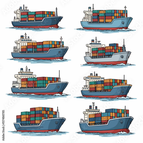 Container ships on water, cargo transport, maritime shipping