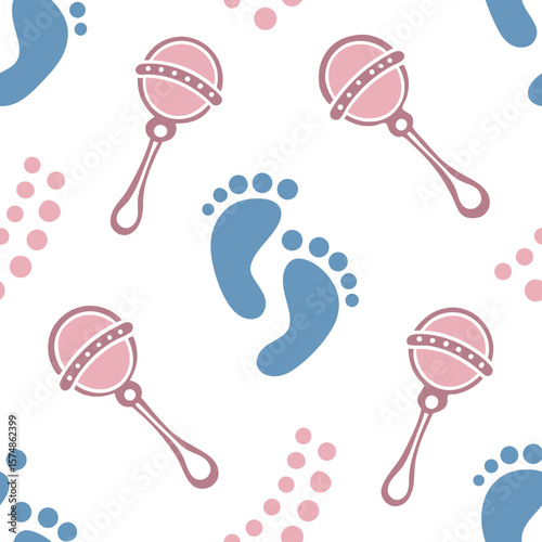 A playful seamless pattern with pink rattles and blue baby footprints. Ideal for gender reveal parties, nursery wallpapers, baby shower invitations, and fabric prints.