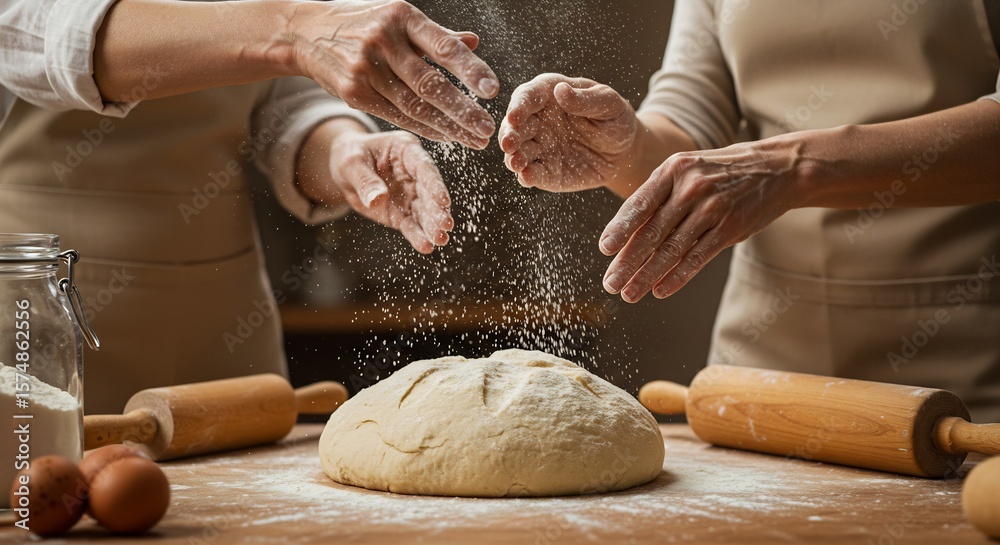 Fototapeta premium Two Bakers Dusting Flour Over a Loaf of Homemade Bread Dough on a Wooden Table
