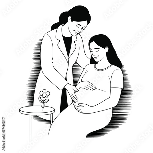 Black and white silhouette vector of healthcare worker assisting pregnant woman in serene maternity care scene with floral accent