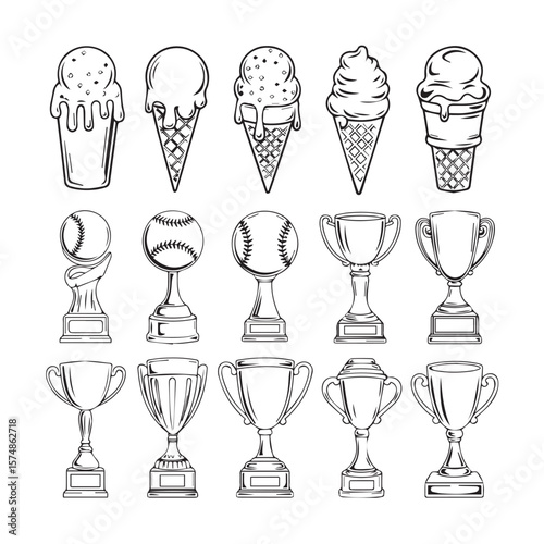 A collection of handdrawn illustrations featuring ice cream cones and baseball trophies