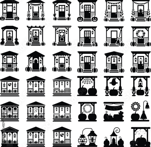 Halloween Porch Silhouette Icons – Pumpkins, Lanterns & Autumn Decor Porch with Pumpkins and Lanterns Icon Silhouette – Fall Decor Vector Set