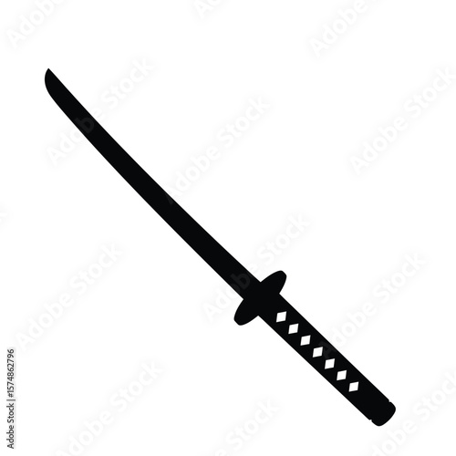 Black silhouette of a Japanese sword on white background