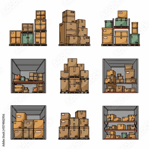 Shipping containers stacked with boxes and pallets