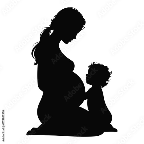 Black and white silhouette vector of pregnant woman and toddler hugging baby bump in a tender family moment