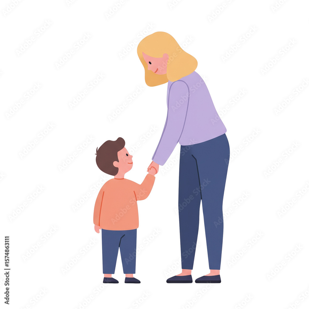 Obraz premium Mother holding hands with young son in a cute illustration design no background, isolated