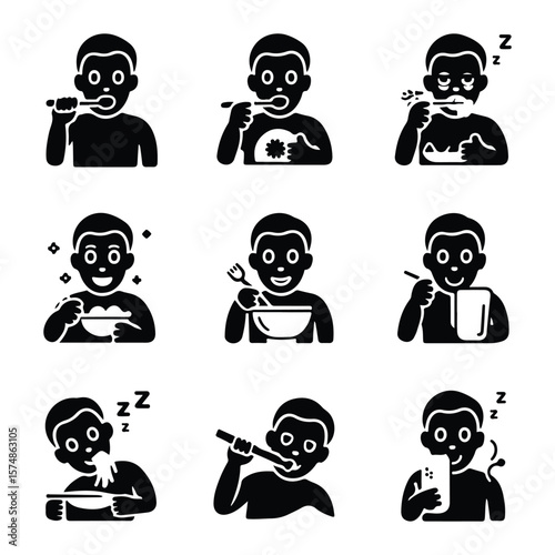 Person performing daily routine activities icons toothbrush