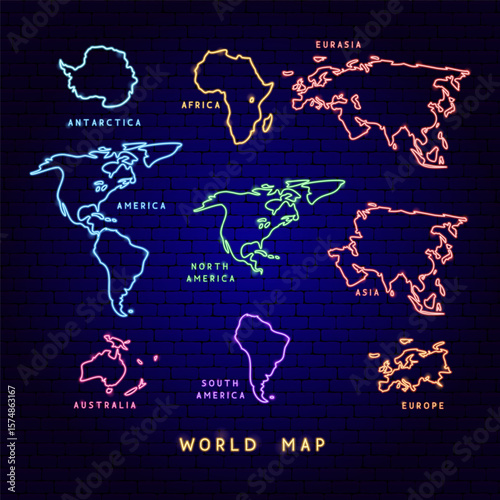Neon Continents World Map. Vector Glowing Art Illustration of Geographical Shape. Geography and Cartography. Led Lamp Object Labels with Text.