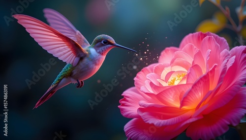 The illuminating rose and the pink hummingbird flying overhead