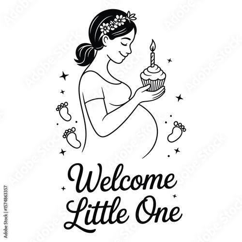 Black and white silhouette vector of pregnant woman holding cupcake with lit candle for joyful new baby shower celebration card