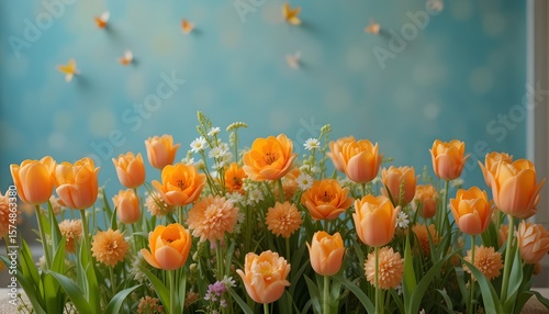A spring festival table is adorned with tulips and orange flowers.