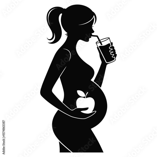 Black and white silhouette vector of pregnant woman drinking smoothie and holding apple symbolizing healthy lifestyle