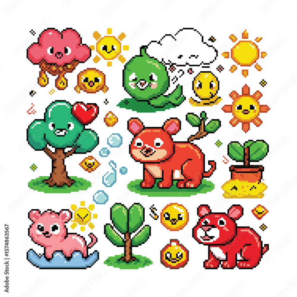 Obraz premium Pixel art cute animals and nature elements vector