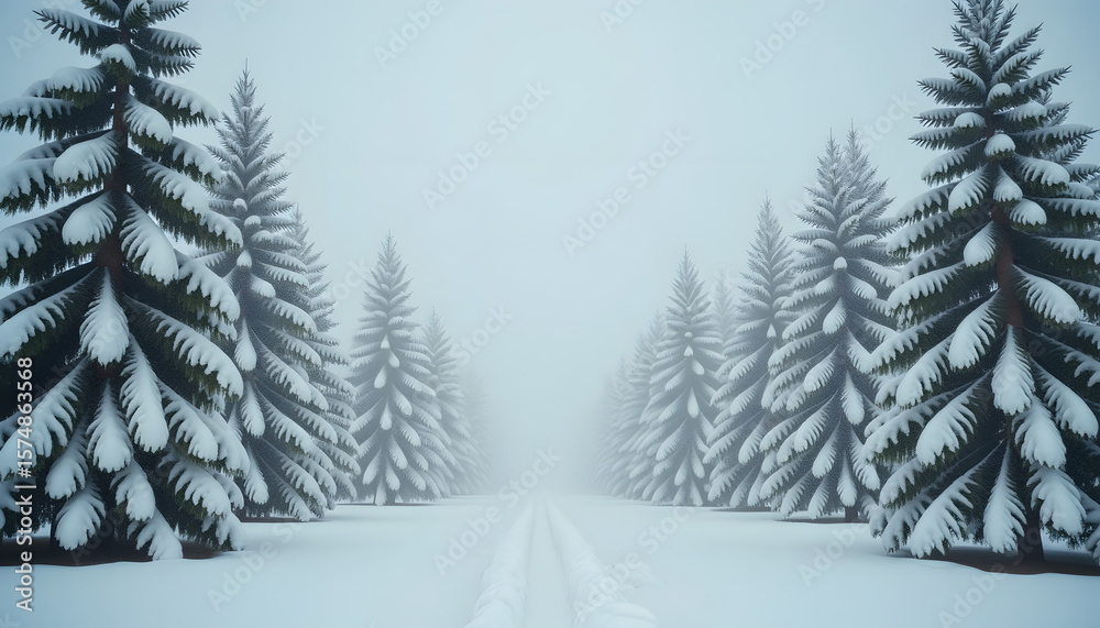 Obraz premium Snow-covered road between evergreen trees in foggy winter landscape 
