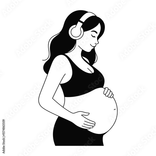 Black and white silhouette vector of pregnant woman listening to music with headphones on belly in a calm prenatal moment