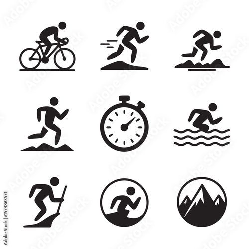 A collection of triathlon sport icons including cycling, running, swimming, stopwatch, and mountain climbing