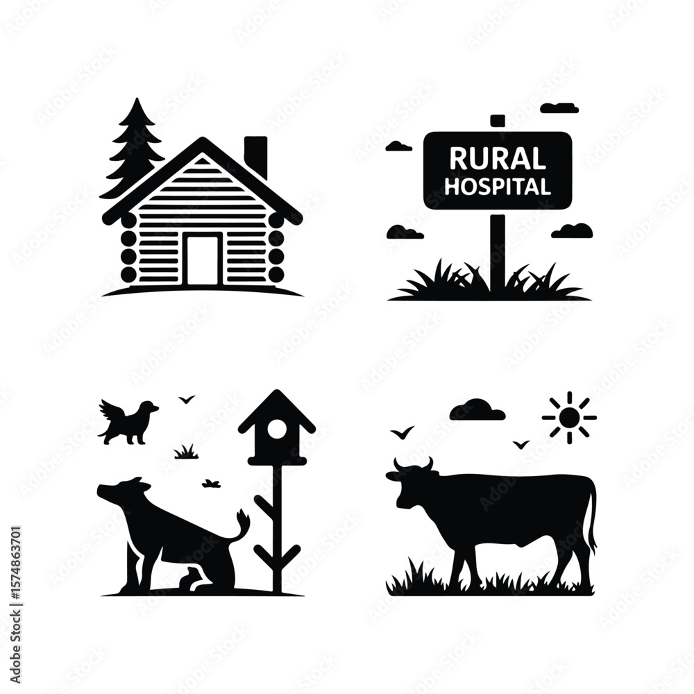 Fototapeta premium Rural hospital sign and farm animals icons log cabin