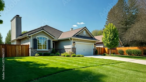 Beautiful suburban house with landscaped lawn, trees, and blue sky on a sunny day