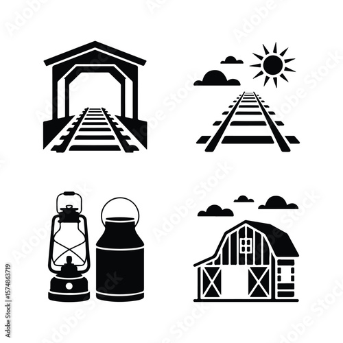 Rural farm and railway icons with sun and clouds barn
