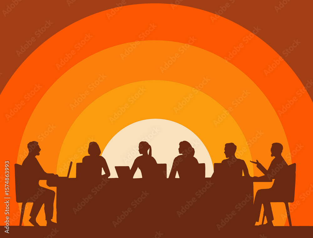 Fototapeta premium Business staff members have a meeting in front of a graphic sunset.
