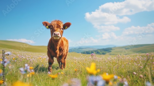 Calf in summer meadow, hilly background, postcard
