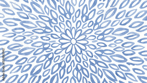 Watercolor floral pattern with blue petals radiating from the center forming a circular design art 100