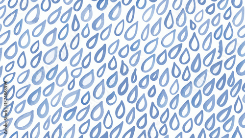 Watercolor pattern featuring numerous blue raindrops scattered across a white background design element