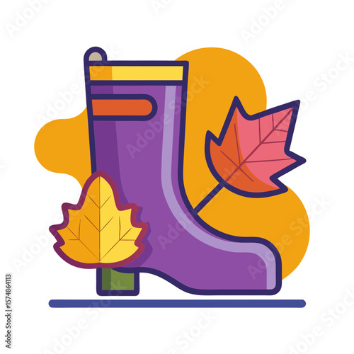 Purple rain boot surrounded by colorful autumn leaves and abstract shapes