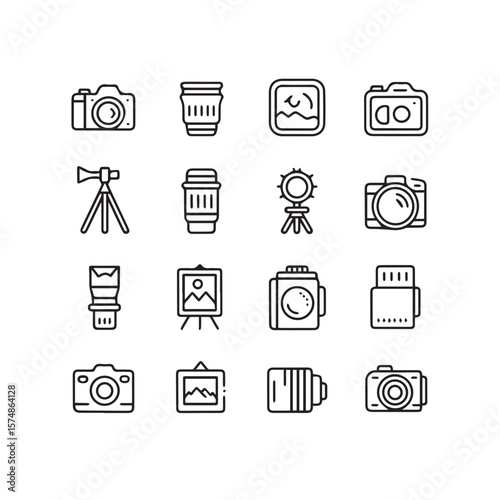 A collection of line art icons representing various photography equipment and cameras, including lenses, tripods, and flashes