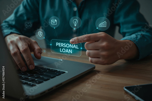 Person using laptop to apply for personal loan with digital icons representing finance and communication