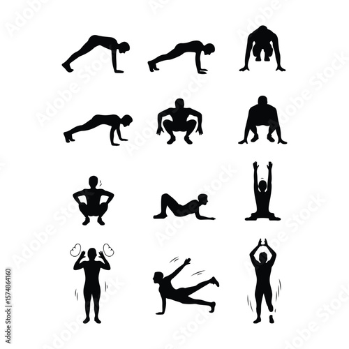 Twelve black human exercise silhouettes on white background