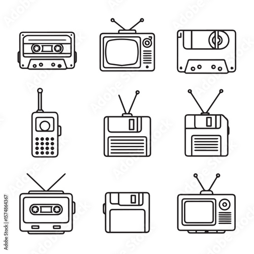 A collection of vintage technology icons, including cassette tapes, floppy disks, televisions, and a walkietalkie