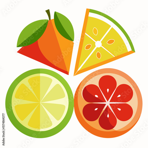 Vibrant citrus slices and orange with leaves on white background