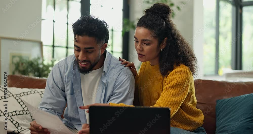 Couple, reading and people with paperwork, home or applause for loan approval on website or excited. Clapping, woman and man with documents for asset management, mortgage and application on laptop