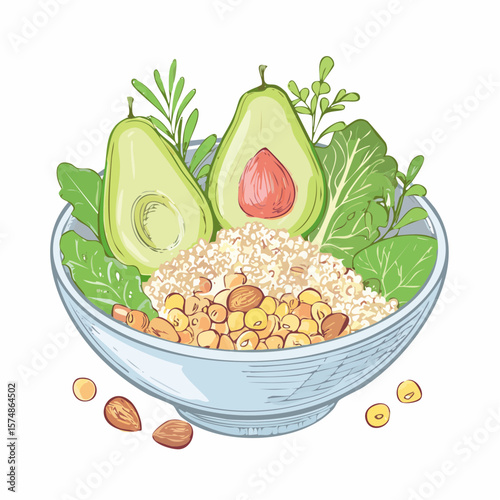 Colorful HandDrawn Avocado and Grain Bowl with Fresh Ingredients