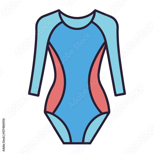 Stylized illustration of a long sleeved one piece swimsuit with color blocking
