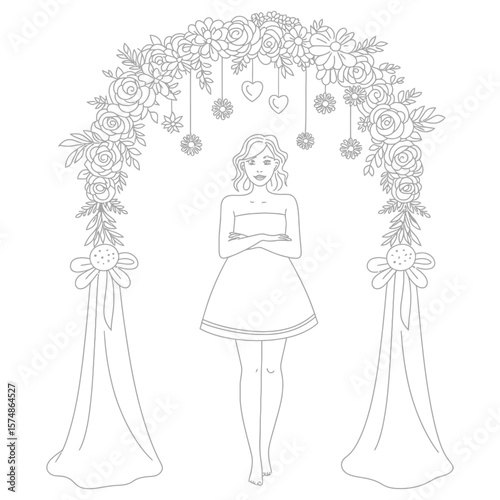Black and white silhouette vector of woman standing under decorated baby shower arch in a celebratory scene