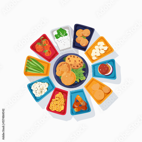 Colorful Variety of Foods in Circular Platters