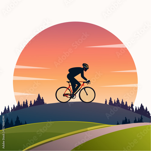 Cyclist Silhouette Against Sunset Over Rolling Hills