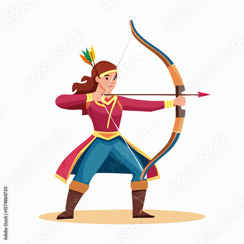 Focused Archer with Feathered Headdress and Bow Ready to Shoot