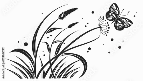 Elegant Black and White Floral Illustration with Butterfly