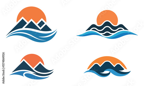Sunset mountain and ocean wave logo icons representing nature, travel and scenic landscape concept
