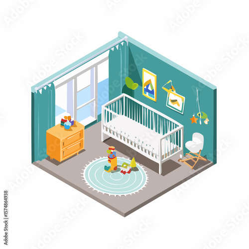 Isometric View of a Cozy Nursery Room with Baby Furniture and Toys