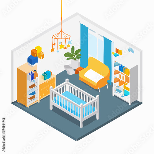 Isometric View of a Cozy Colorful Nursery Room with Furniture and Decorations
