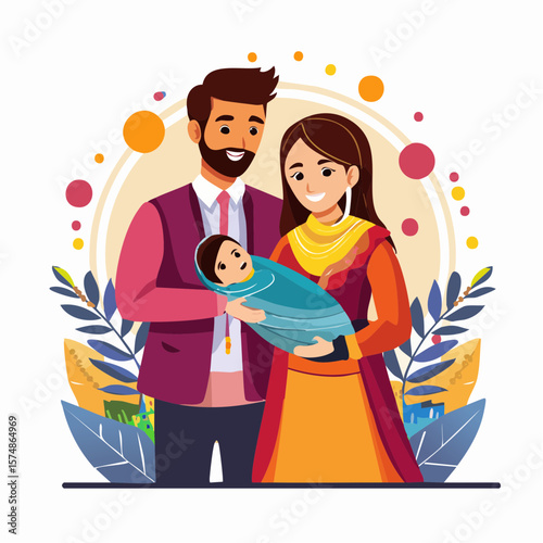 Joyful Parents Holding Newborn Baby in Colorful Artistic Illustration