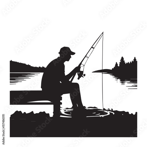 A silhouette of a man fishing from a dock on a calm lake, surrounded by trees and reflecting water