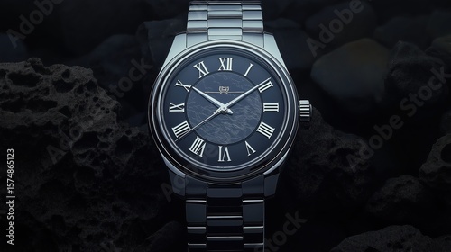 Chopard stainless steel watch with Roman numerals and polished bezel on dark rocky background.
