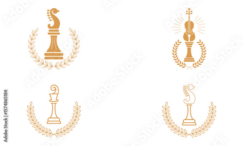 Chess knight icons with laurel wreaths representing strategy, leadership and tournament concept
